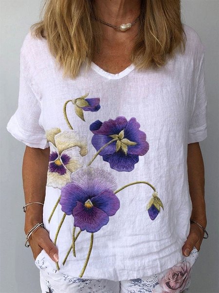 Cotton And Linen Embroidery Casual Pansies Floral Shirt, White, Shirts & Blouses