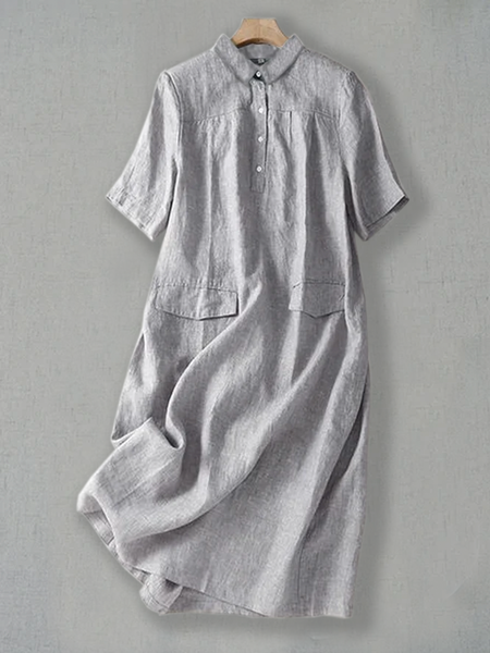 

Linen Shirt Collar Simple Dress, Gray, Maxi Dresses