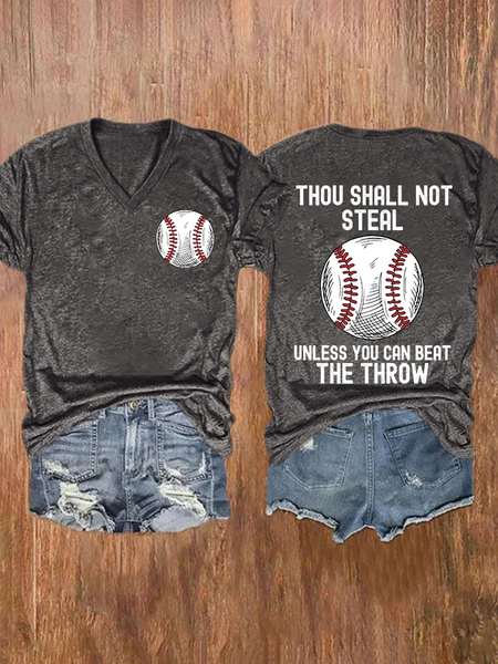 

V-neck Retro Baseball Thou Shall Not Steal Unless You Can Beat The Throw Print T-Shirt, Deep gray, T-shirts