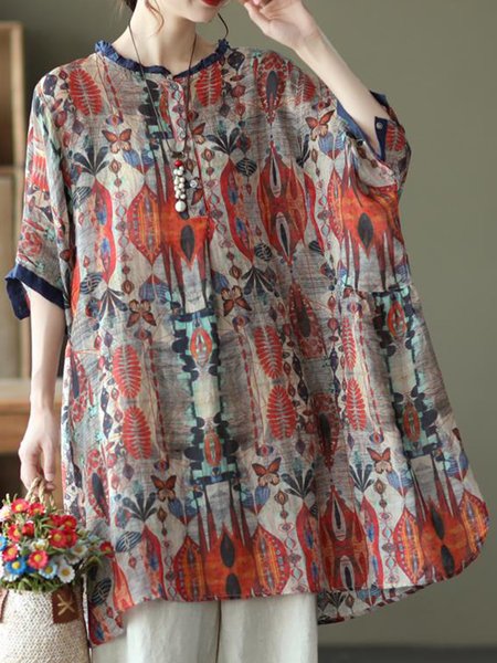 

Crew Neck Half Sleeve Botanical Pattern Regular Loose Shirt For Women, Red, Blouses