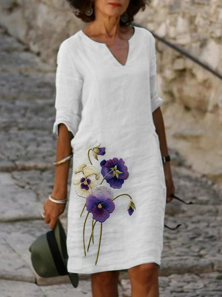 

Pansies Floral Loose Embroidery Casual Dress With No, White, Dresses