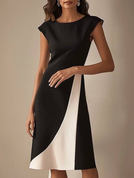 Elegant Crew Neck Color Block Dress With No, Black-white, Dresses
