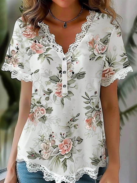 

Lace Edge V Neck Buttoned Elegant Floral Shirt, White, Shirts & Blouses