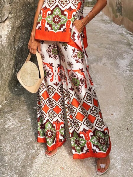 

Satin Vacation Floral Fashion Wide leg Pants, Orange, Pants