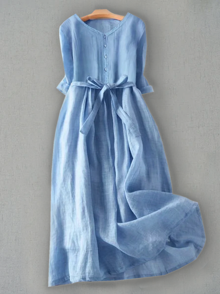 

Loose Plain Simple Linen Style Dress With Belt, Blue, Maxi Dresses