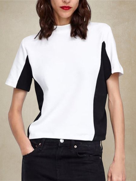 

Crew Neck Color Block Casual Regular Fit T-Shirt, Black-white, Tees