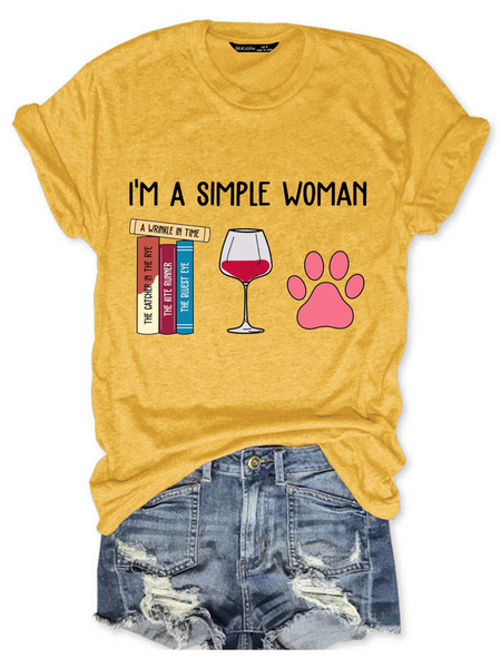 

I'm A Simple Woman Book Lovers Gift Casual Crew Neck Loose Text Letters T-Shirt, Yellow, T-shirts
