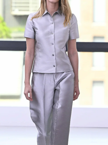Regular Fit Urban Shirt Collar Short Sleeve Blouse, Gray, Blouses and Shirts
