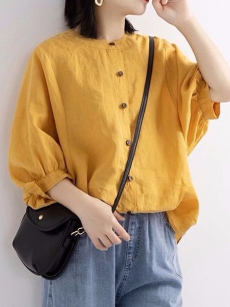 

Women's Shirt Blouse Basic Linen Tops Solid Color Plain Bat Sleeve Casual Daily Vintage Basic Shirts, Yellow, Blouses & Shirts