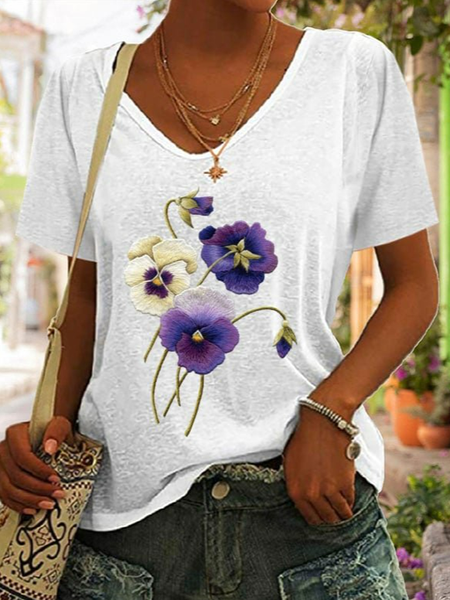 

V Neck Floral Casual T-Shirt, White, T-Shirts