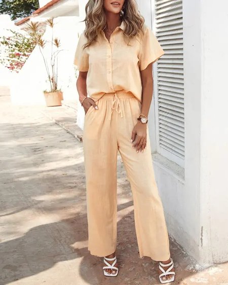 

Shirt Collar Casual Two-Piece Set, Apricot, Suit Set