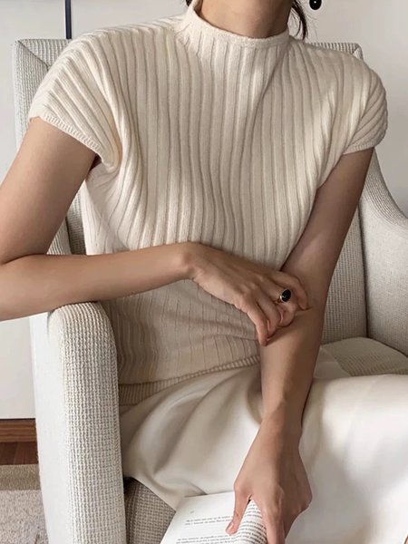 

Daily Stand Collar Plain Short Sleeve Casual Shirt, Off white, Blouses and Shirts