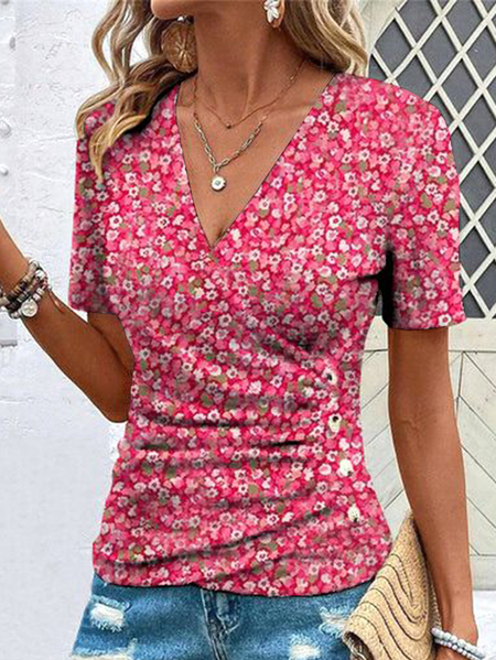 

Women Floral Short Sleeve Tee T-shirt V Neck Buckle Casual Summer Top, Red, T-Shirts