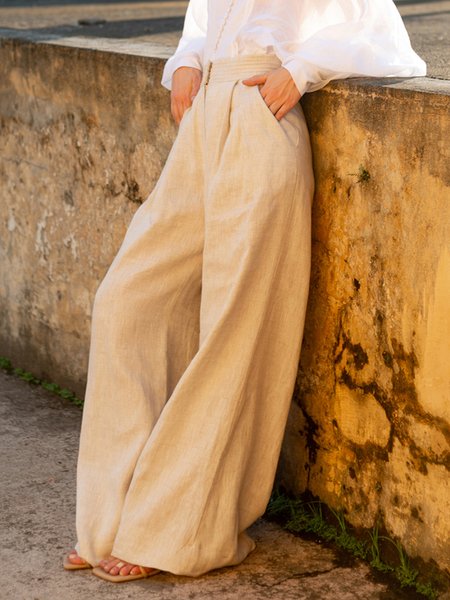 

Loose Plain Casual Wide leg Long Pants, Khaki, Pants