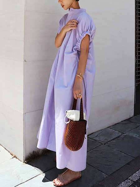 

Daily Plain Casual Loose Stand Collar Shirt Dress, Purple, Maxi Dresses