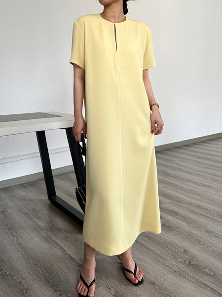 

Plain Loose Urban Crew Neck Short Sleeve Dress, Yellow, Maxi Dresses
