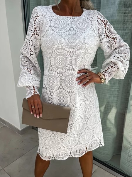 

Women Plain Crew Neck Long Sleeve Comfy Vacation Midi Dress, White, Dresses