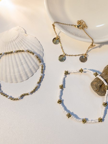 

White rice beads metal shell pendant multi-layer anklet, Bracelets & Anklets