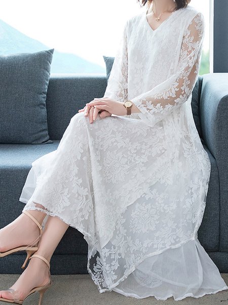 

Women Plain V Neck Long Sleeve Comfy Casual Maxi Dress, White, Midi