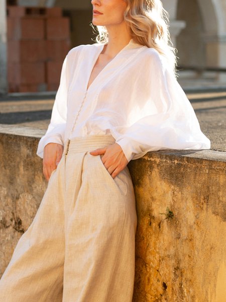 

Loose V Neck Plain Casual Blouse, White, Blouses and Shirts