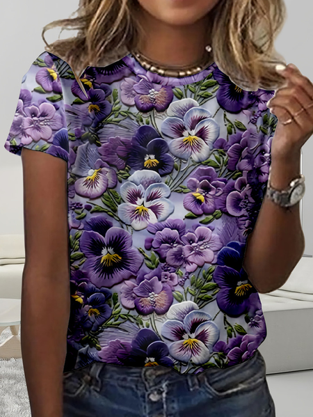 

Plus Size Loose Casual Floral Crew Neck T-Shirt, Purple, T-Shirts