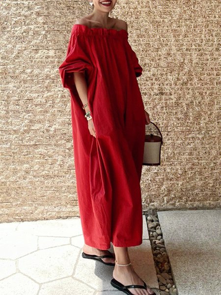 

Casual Chic Boat Neck Linen Loose Dress, Red, Maxi Dresses