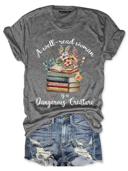 

Bookshelf A Well Read Woman Is A Dangerous Creature Book Lovers Simple Loose T-Shirt, Light gray, T-shirts