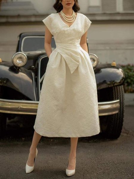 

V Neck Regular Fit Plain Elegant Dress, Beige, Midi Dresses