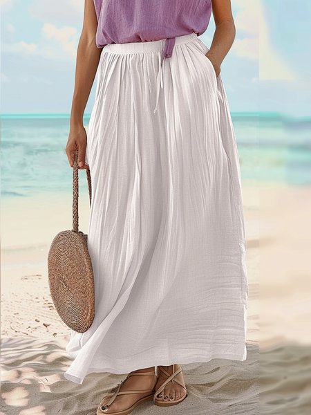 

Plain Vacation Loose Cotton Skirt, White, Skirts