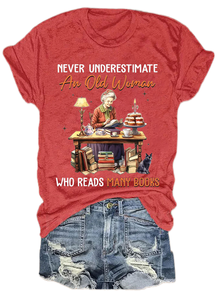 

Never Underestimate An Old Woman Who Reads Many Books Book Lovers Gift Women's V-neck T-shirt, Red, T-shirts