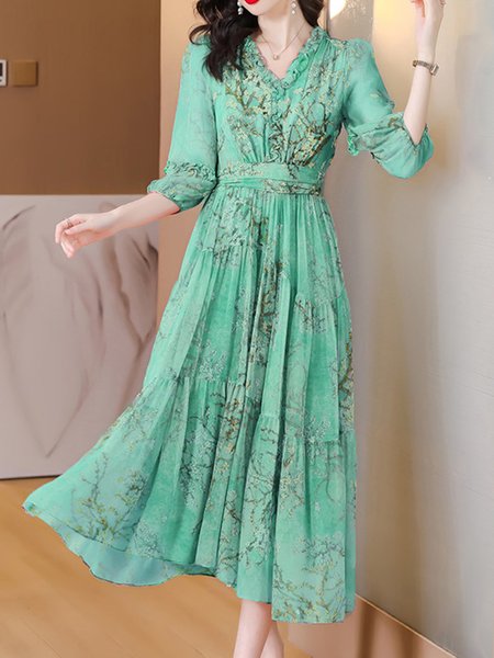 

Women Floral V Neck Three Quarter Sleeve Comfy Casual Maxi Dress, Green, Dresses