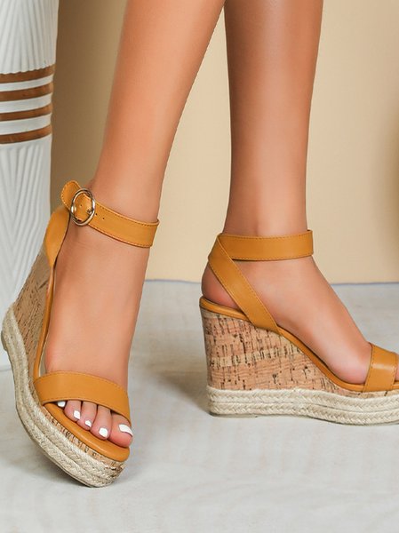 

Casual Plain Blocking Hook-Loop High Heel Wedge Sandals, Brown, Women shoes