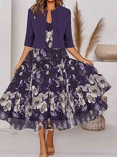

Cotton-Blend Elegant Loose Floral Pattern Two-Piece Set, Purple, Suit Set
