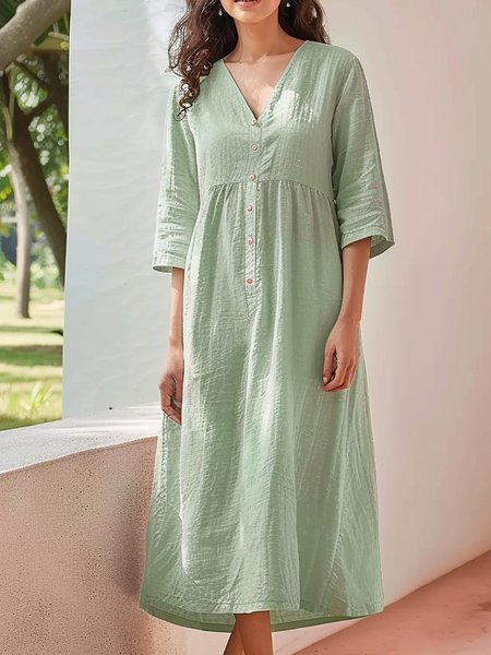 

V Neck Linen Plain Loose Dress, Green, Dresses