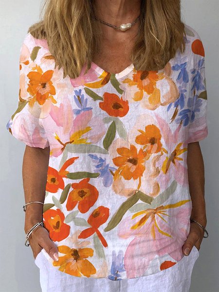 

Loose Casual V Neck Floral Shirt, Orange, Blouses & Shirts