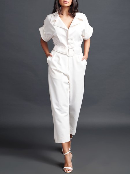 

Lapel Collar Urban Plain Short Sleeve Jumpsuit, Off white, Jumpsuits