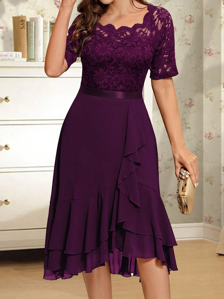 

Chiffon Elegant Lace Square Neck Dress, Purple, Dresses
