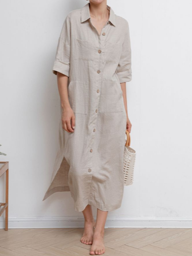 

Plain Cotton Casual Linen Style Dress, Apricot, Maxi Dresses
