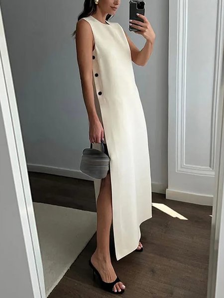 

Plain Casual Crew Neck Sleeveless Loose Maxi Dress, Off white, Maxi Dresses