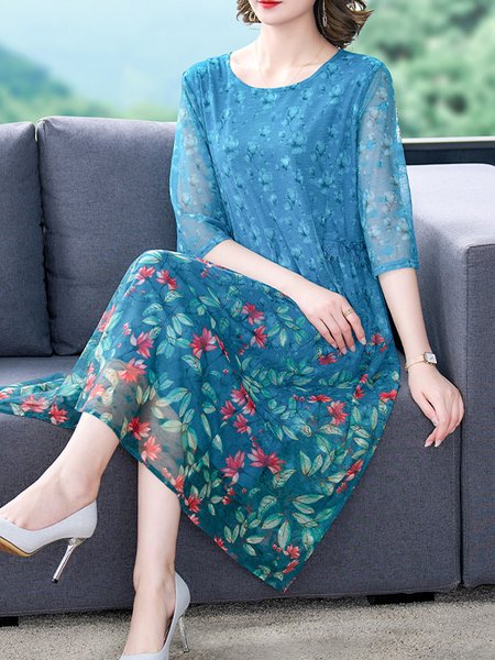 

Women Floral Crew Neck Half Sleeve Comfy Casual Maxi Dress, Blue, Midi