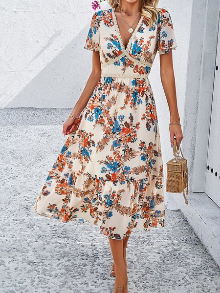 

Women Floral V Neck Short Sleeve Comfy Casual Lace Maxi Dress, Apricot, Dresses