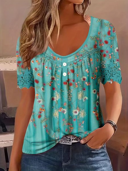 

3D Printing Floral Lace Edge Casual Shirt, Green, Shirts & Blouses