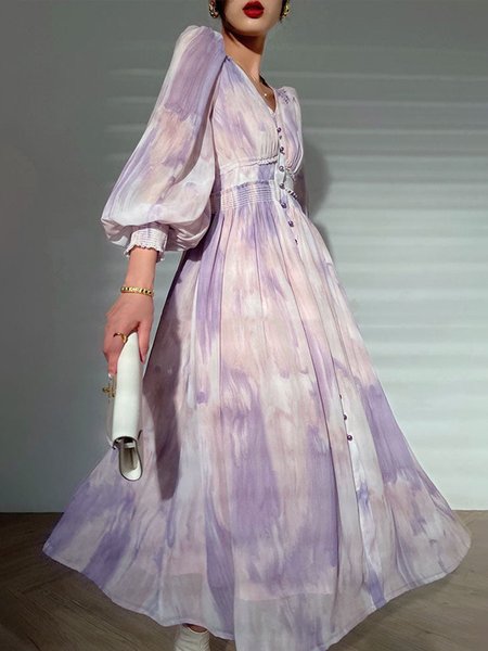 

Abstract Regular Fit Chiffon Elegant Dress, Purple, Midi Dresses