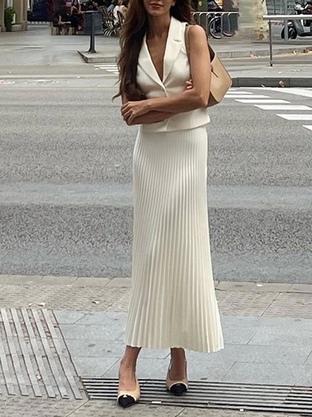 

Urban Lapel Collar Regular Fit Plain Two-Piece Set, White, Two-piece Set