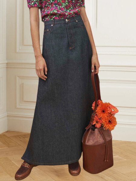 

Casual Denim Plain Regular Fit Long Skirt, Deep blue, Denim Skirts