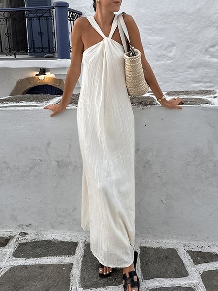 

Vacation Halter Plain Sleeveless Loose Dress, Off white, Maxi Dresses