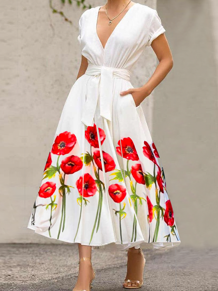

Floral Regular Fit V Neck Short Sleeve Elegant Maxi Dress With Belt, White, Maxi Dresses