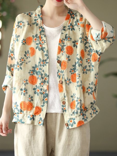 

V Neck Long Sleeve Floral Regular Loose Shirt For Women, Beige, Shirts