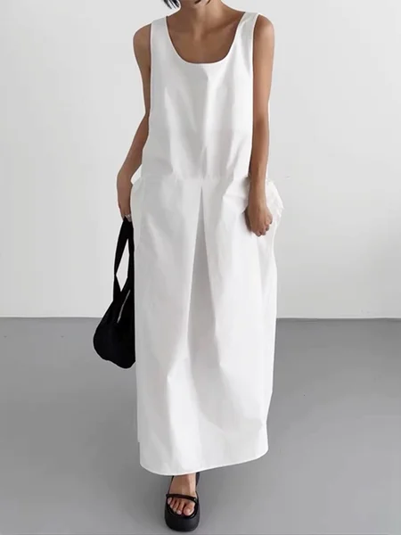 

Crew Neck Casual Plain Loose Pockets Dress, White, Maxi Dresses