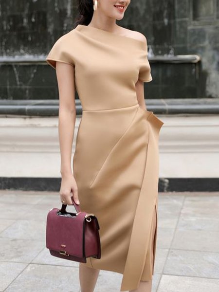 

Plain Regular Fit Elegant Asymmetrical Dress, Khaki, Midi Dresses